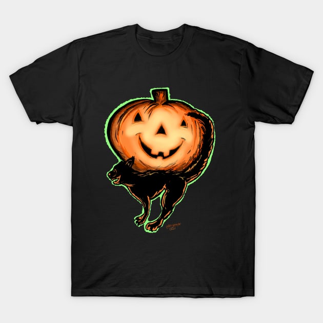 Black Cat with Jack O Lantern T-Shirt by Magic Whiskey ART